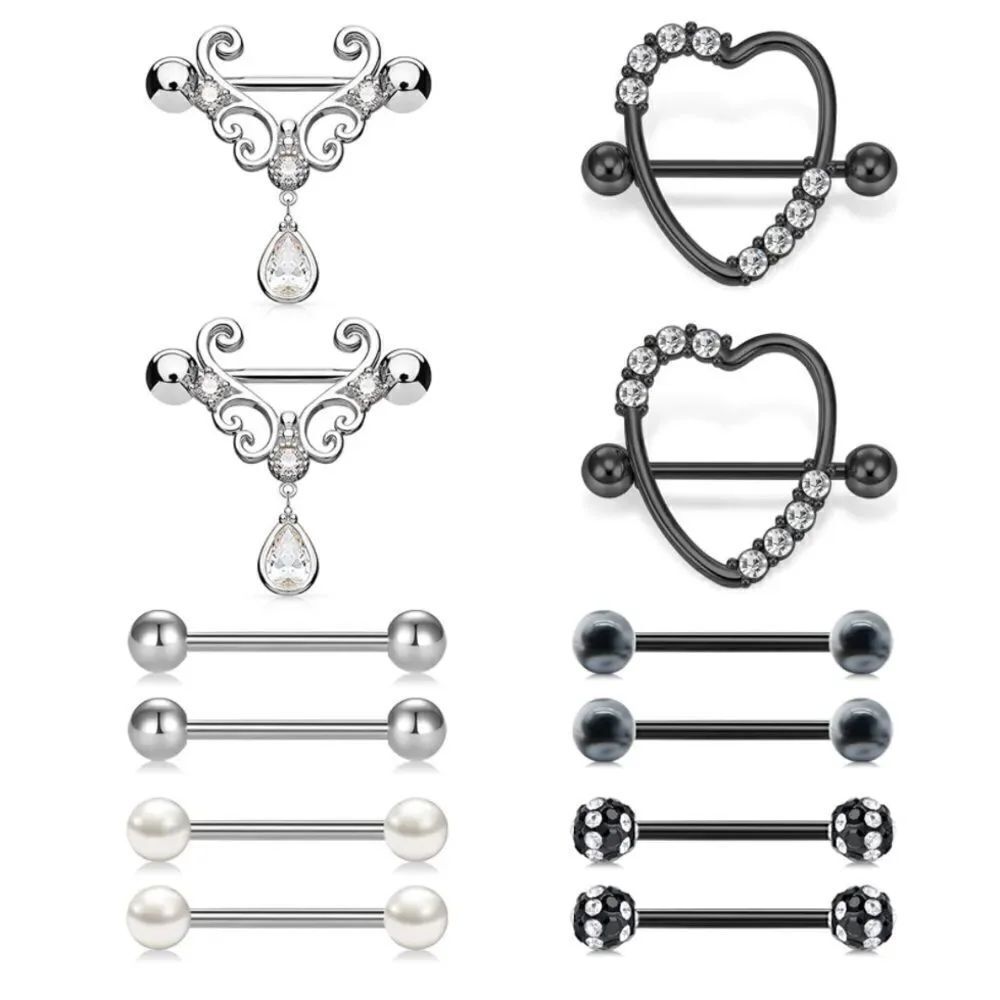 14G 316L Silver and Black with Cubic Zirconia Nipple Rings - Set of 6